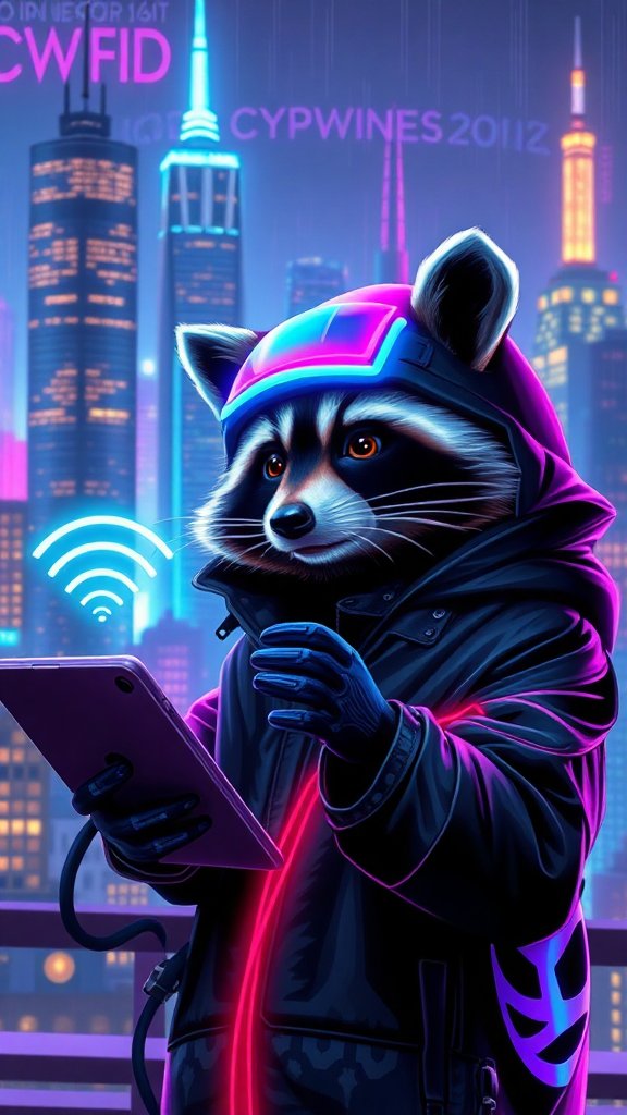 Cyber raccoon hacker stealing neon wifi from a glowing cyberpunk city skyline.