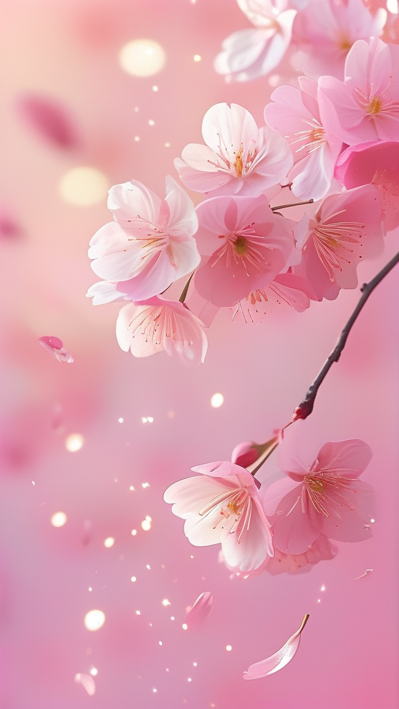 Pink sakura petals softly falling on a dreamy pastel pink