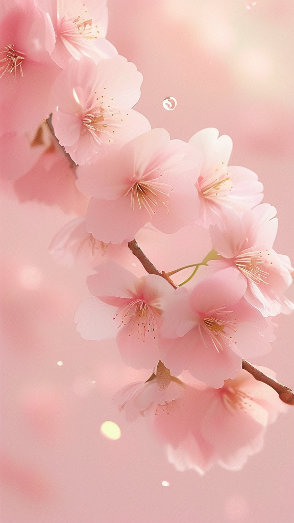 Soft pink sakura petals floating on a dreamy pastel backdrop,
