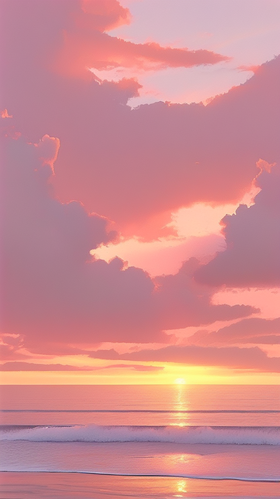 Warm pink sunset over a serene sea, soft pastel hues,