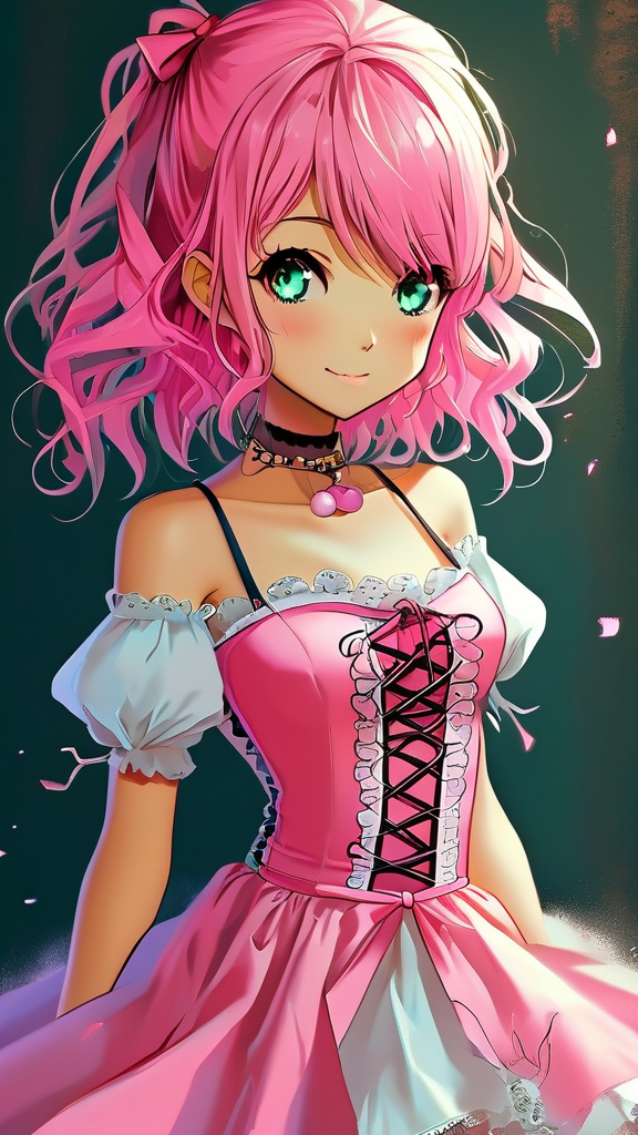 A cute girl with pink hair and a pink dress.