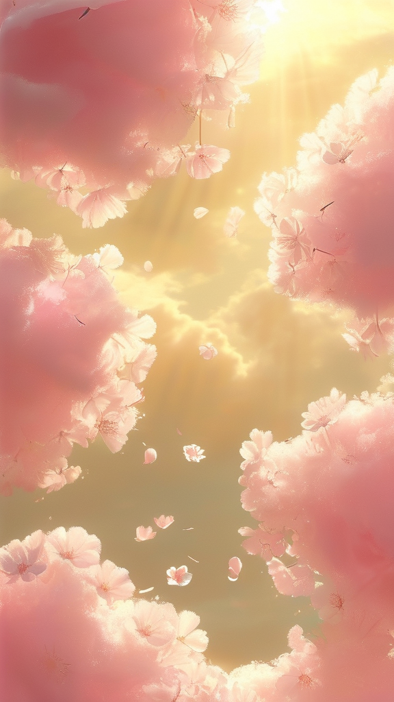 Soft pink cotton candy clouds drifting across a golden sunset