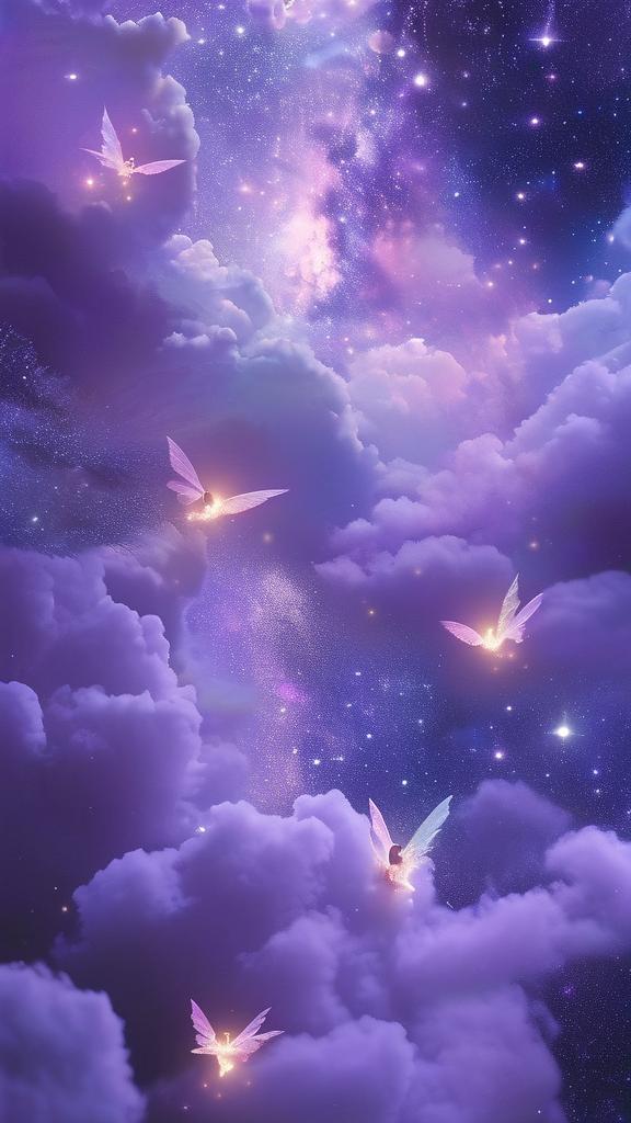 A dreamy galaxy wallpaper in enchanting shades of purple, sparkling with soft starlight and delicate pastel pink hues, adorned with tiny magical fairies and heart-fluttering crystal clouds, creating a serene and heartwarming atmosphere.