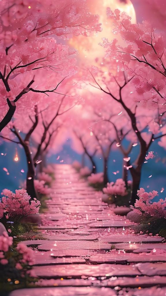 A dreamy pink cherry blossom pathway glowing under soft moonlight,