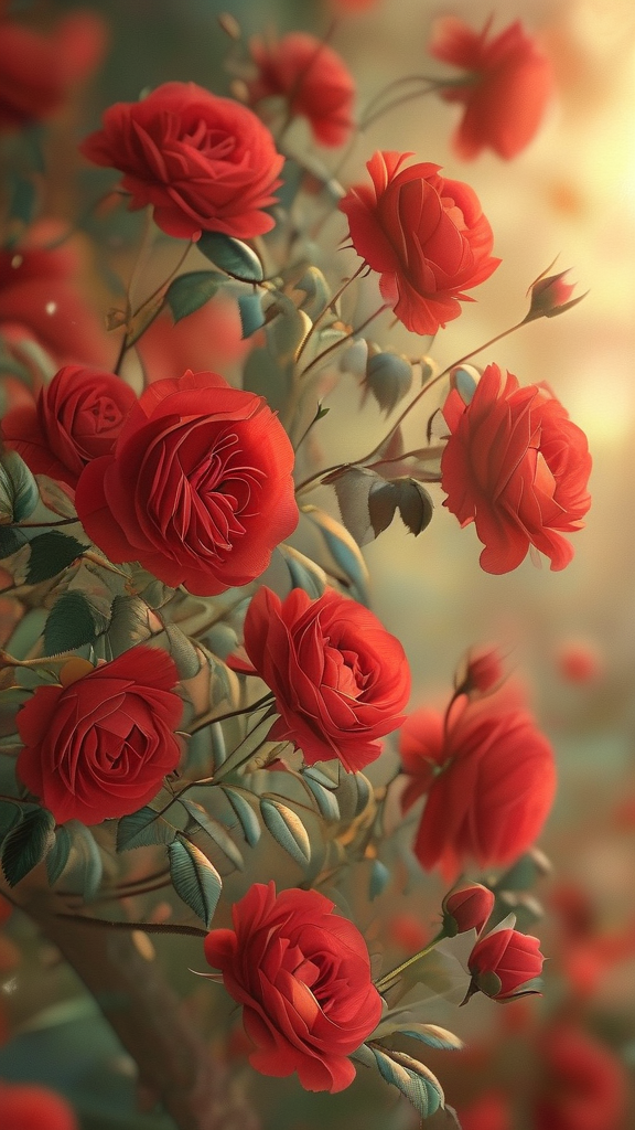 Vibrant red wallpaper with soft romantic roses and delicate petals,
