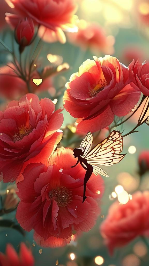 Vibrant red wallpaper featuring soft and cute flowers like roses