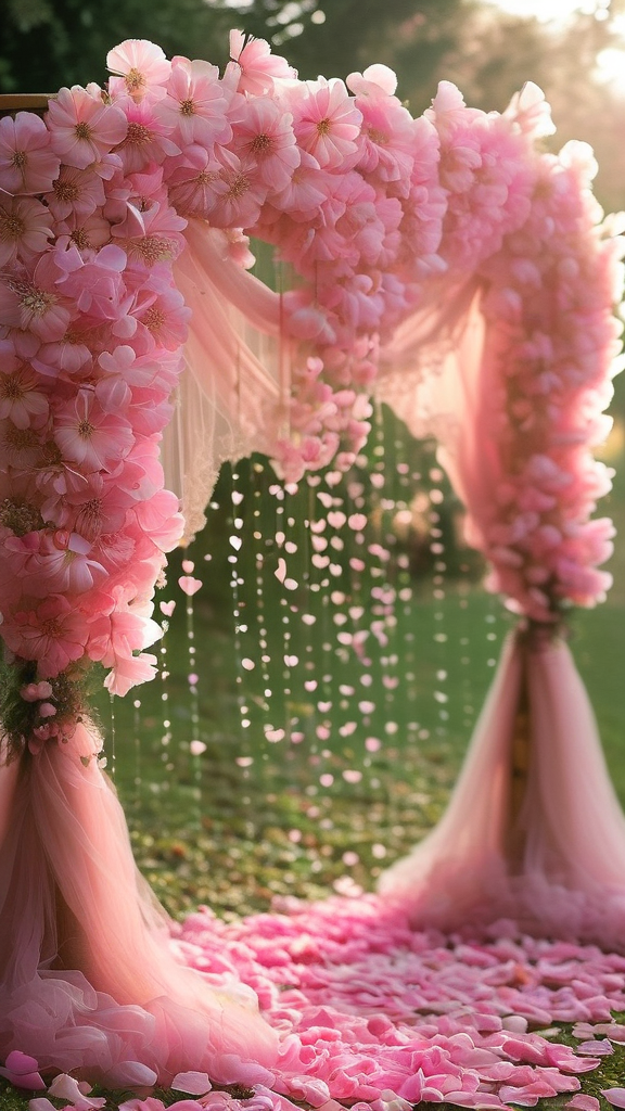 Romantic pink wedding arch adorned with cascading fresh peonies, soft