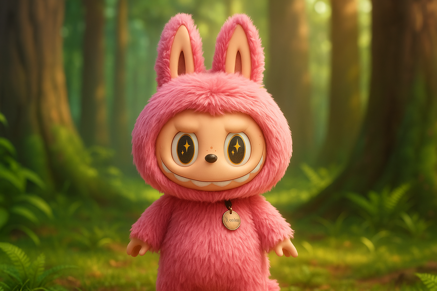 pink labubu in forest