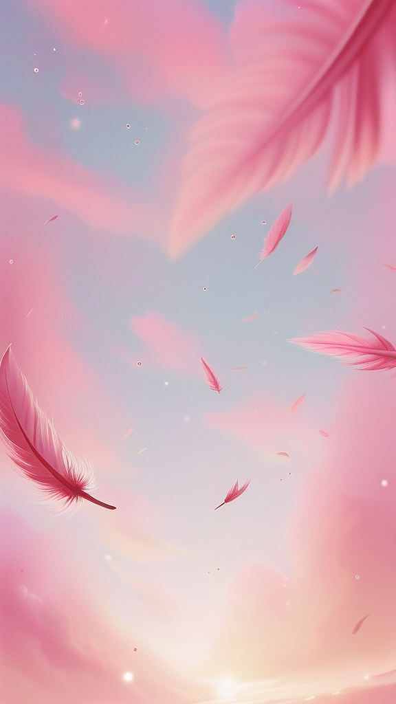 Soft pink feathers float gently in a serene pastel sky,