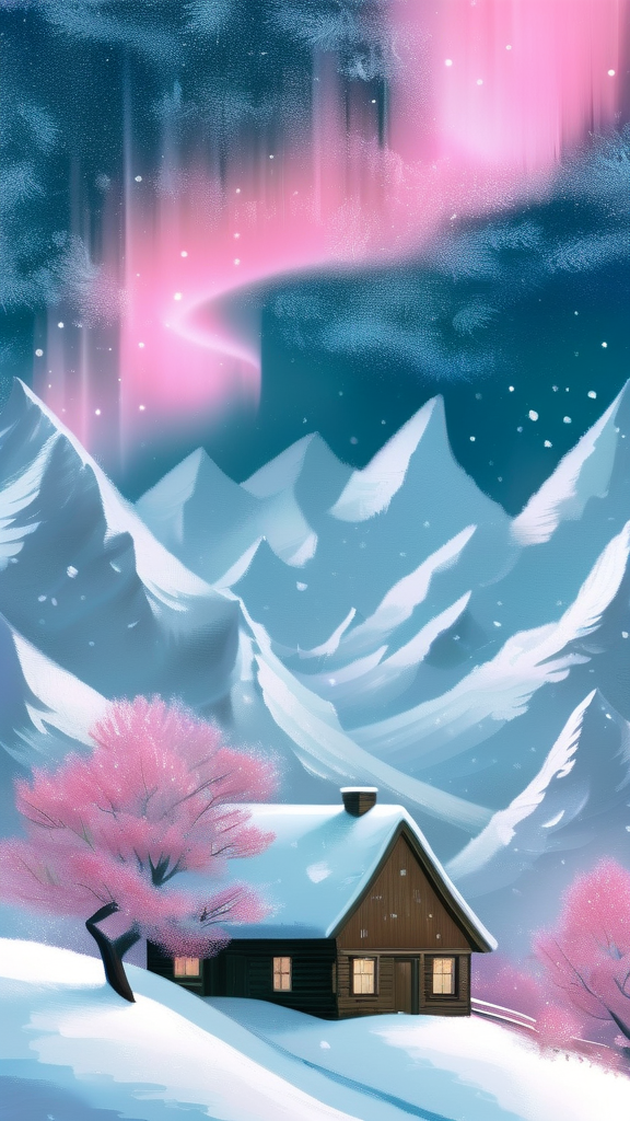 Soft pink aurora shimmering over snowy mountains, dreamy pastel hues