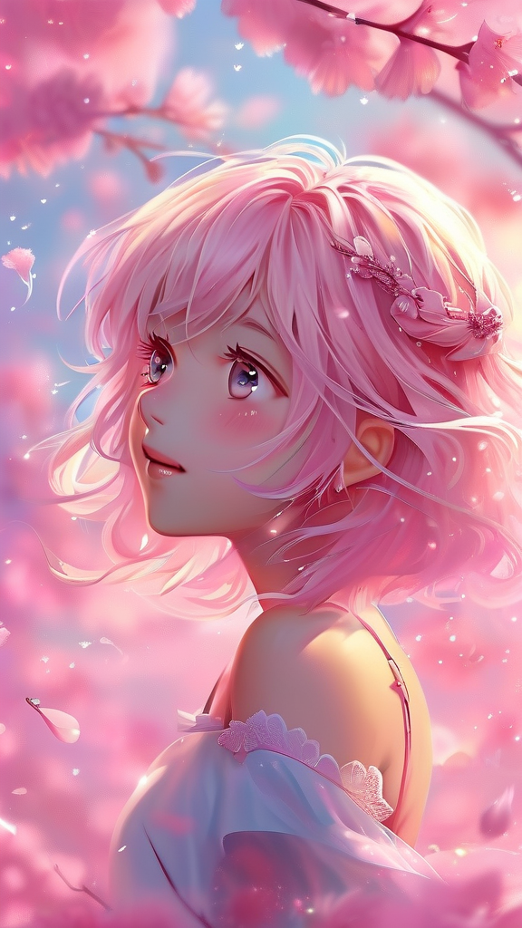Kawaii anime girl with soft pink hair in a dreamy