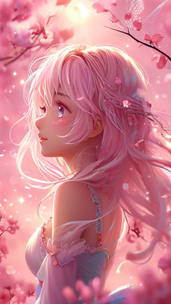 Kawaii anime girl with soft pink hair in a dreamy