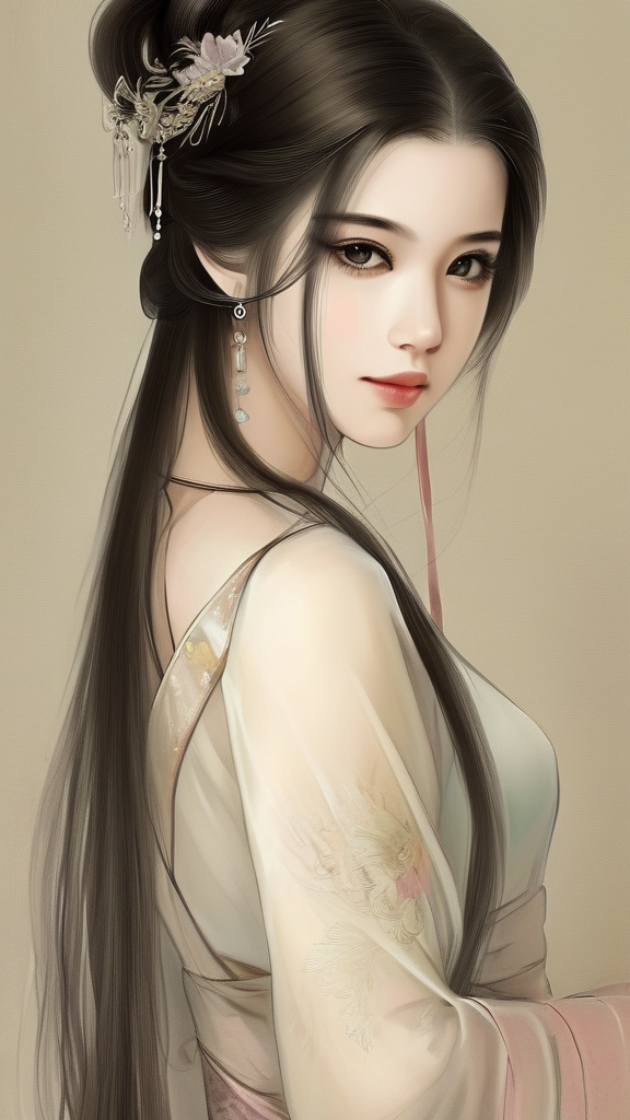 一个中国古典美女，长头发，穿裙子