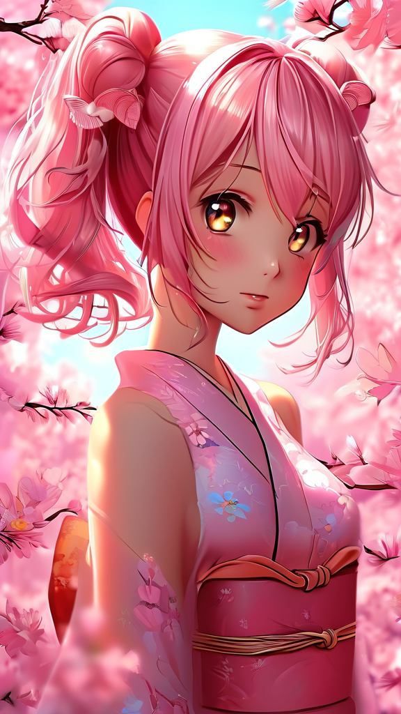 kawaii anime girl with pink hair in cherry blossom garden